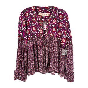 Free People Purple Red Malia Floral Tie Front Beaded Jacket | Size S